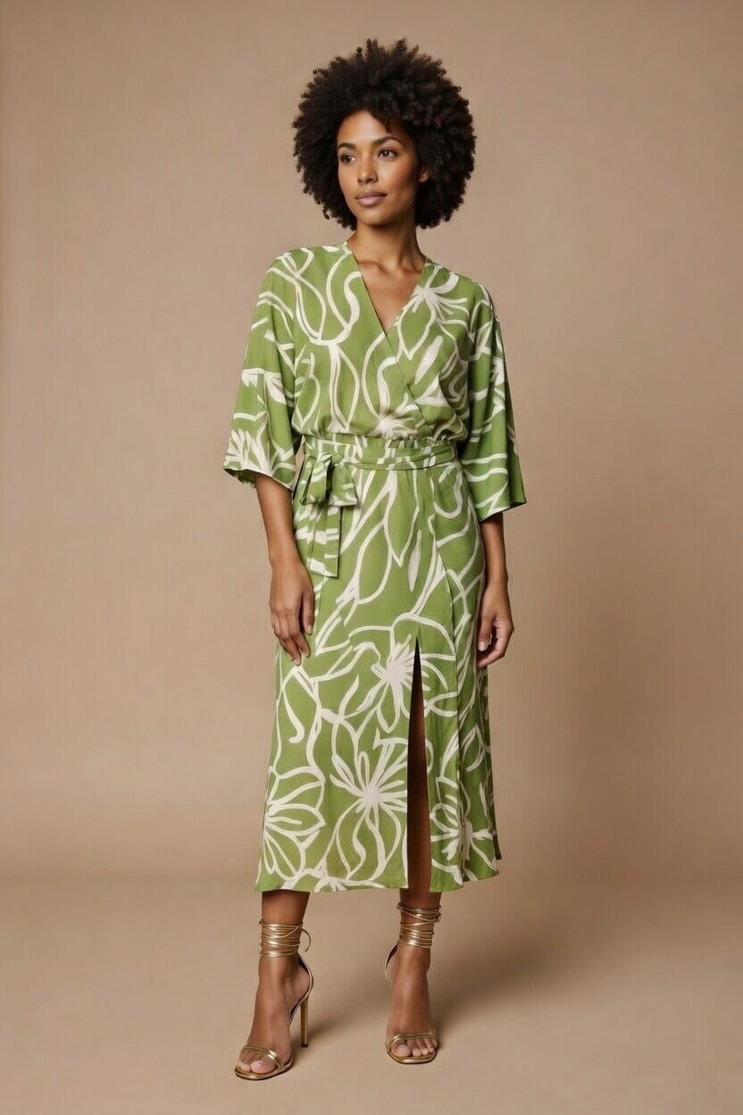 Flora Midi Dress in Olive green
